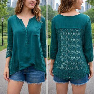 ANTHRO Maeve Emerald Green Peasant Top Crochet Lace Back Boho Blouse M